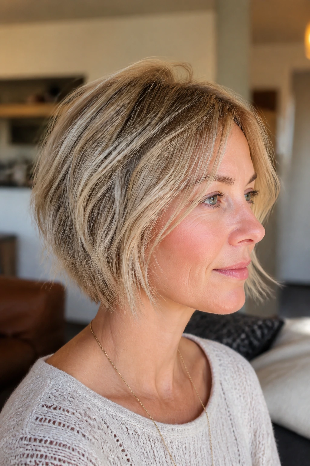 Portrait of a woman with a shaggy bob and airy texture in warm light