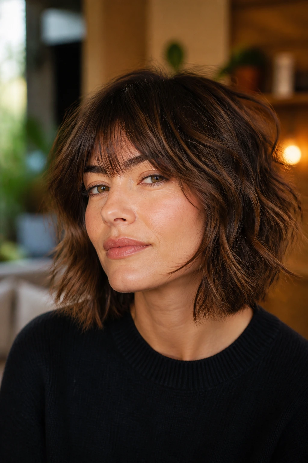 Close-up portrait of a real woman with a shaggy bob and controlled texture