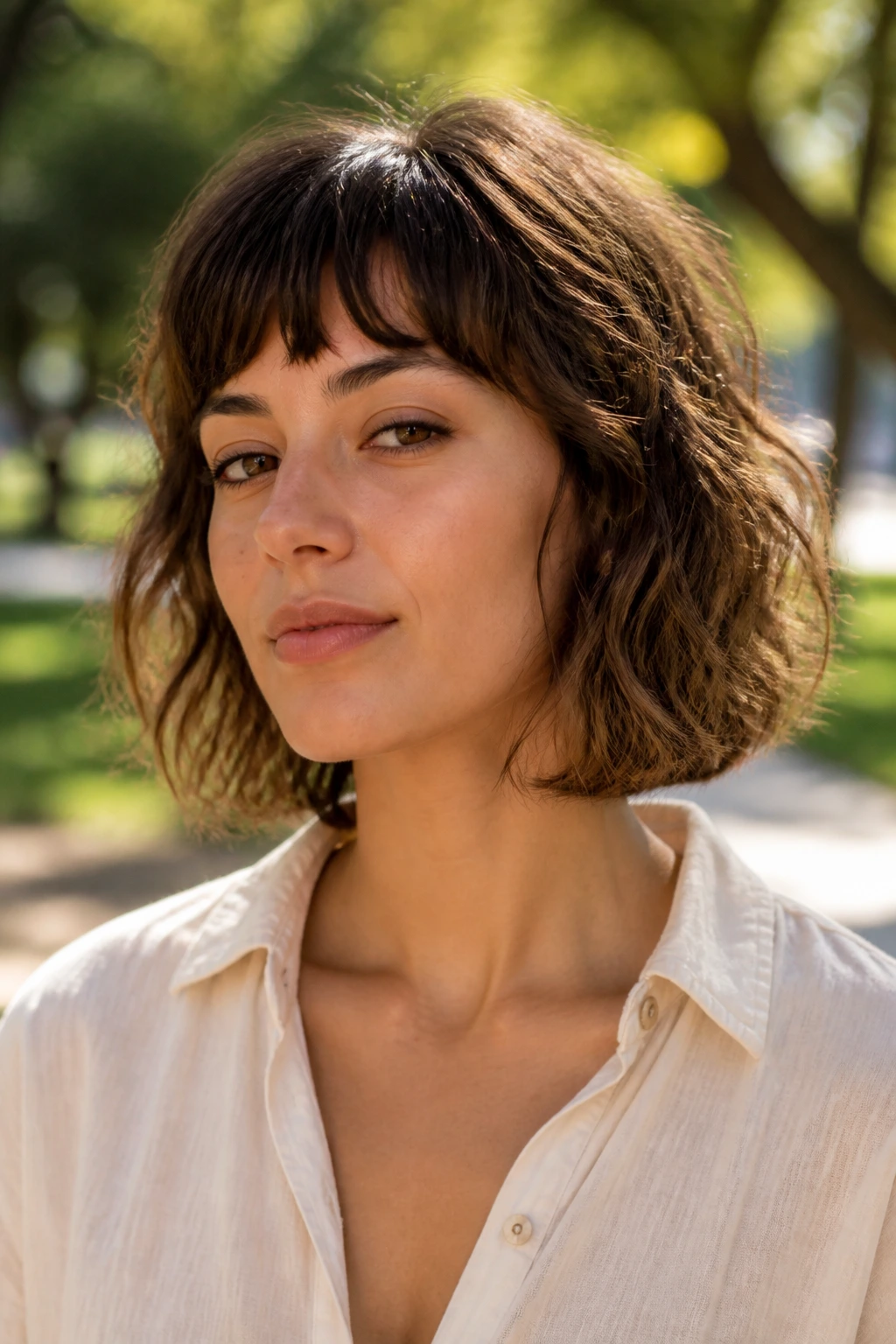 Head-and-shoulders portrait of shaggy Italian bob with textured bangs