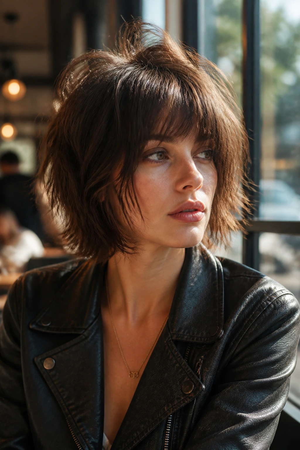Close-up of a real woman with a textured shaggy bob and voluminous crown in warm cafe light.