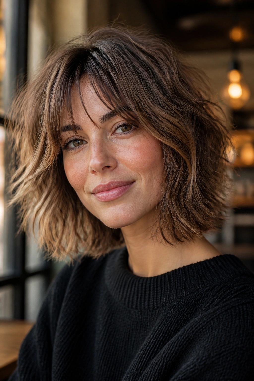 Close-up of a real woman with a tousled shaggy bob and layered mid-lengths in warm cafe light.