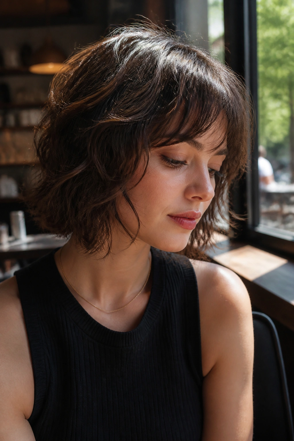 Portrait of a real woman with a shaggy bob and tousled layers