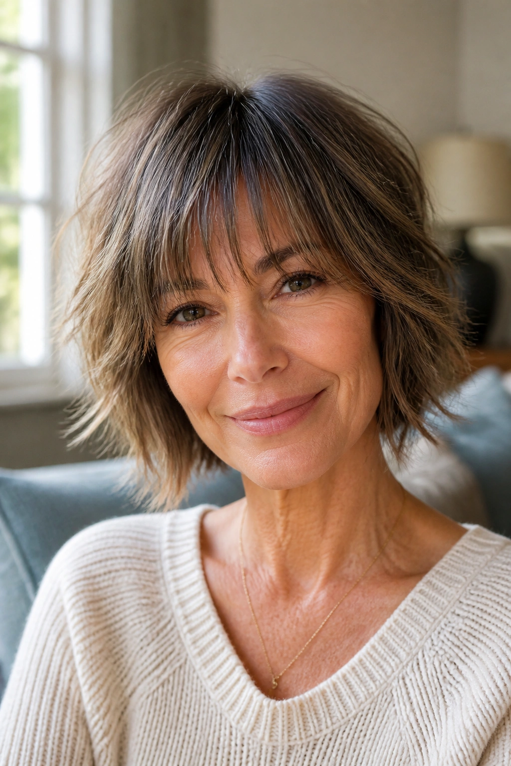 Real woman with shaggy bob and wispy bangs in soft natural light