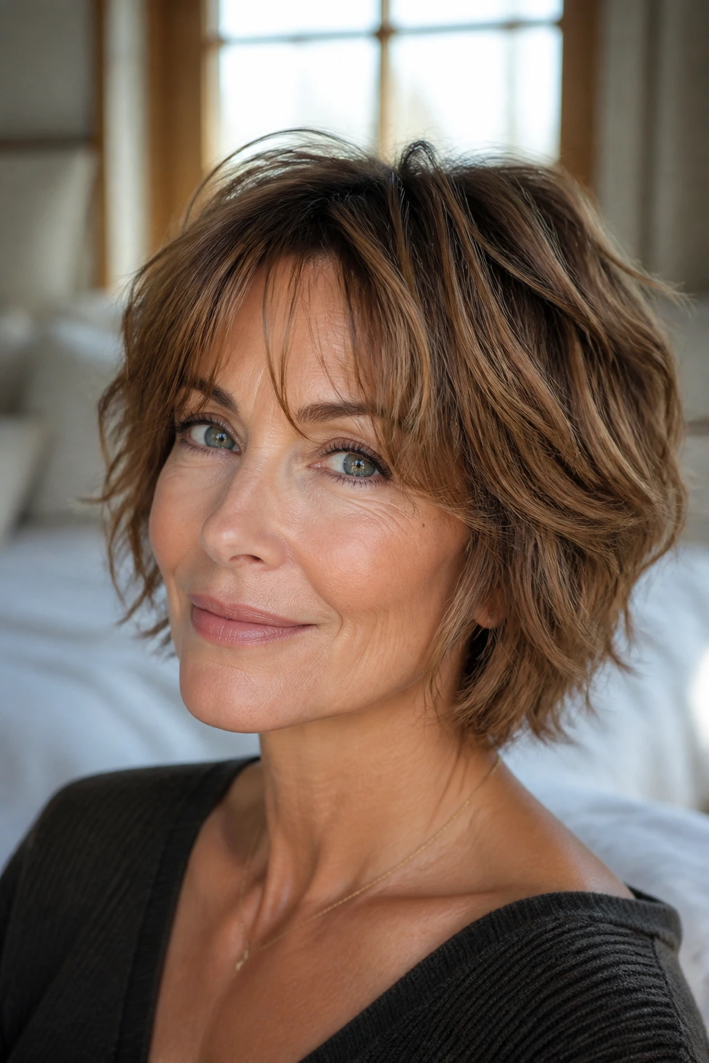 Close-up portrait of a real woman with a shaggy bob and wispy layers in a softly lit bedroom