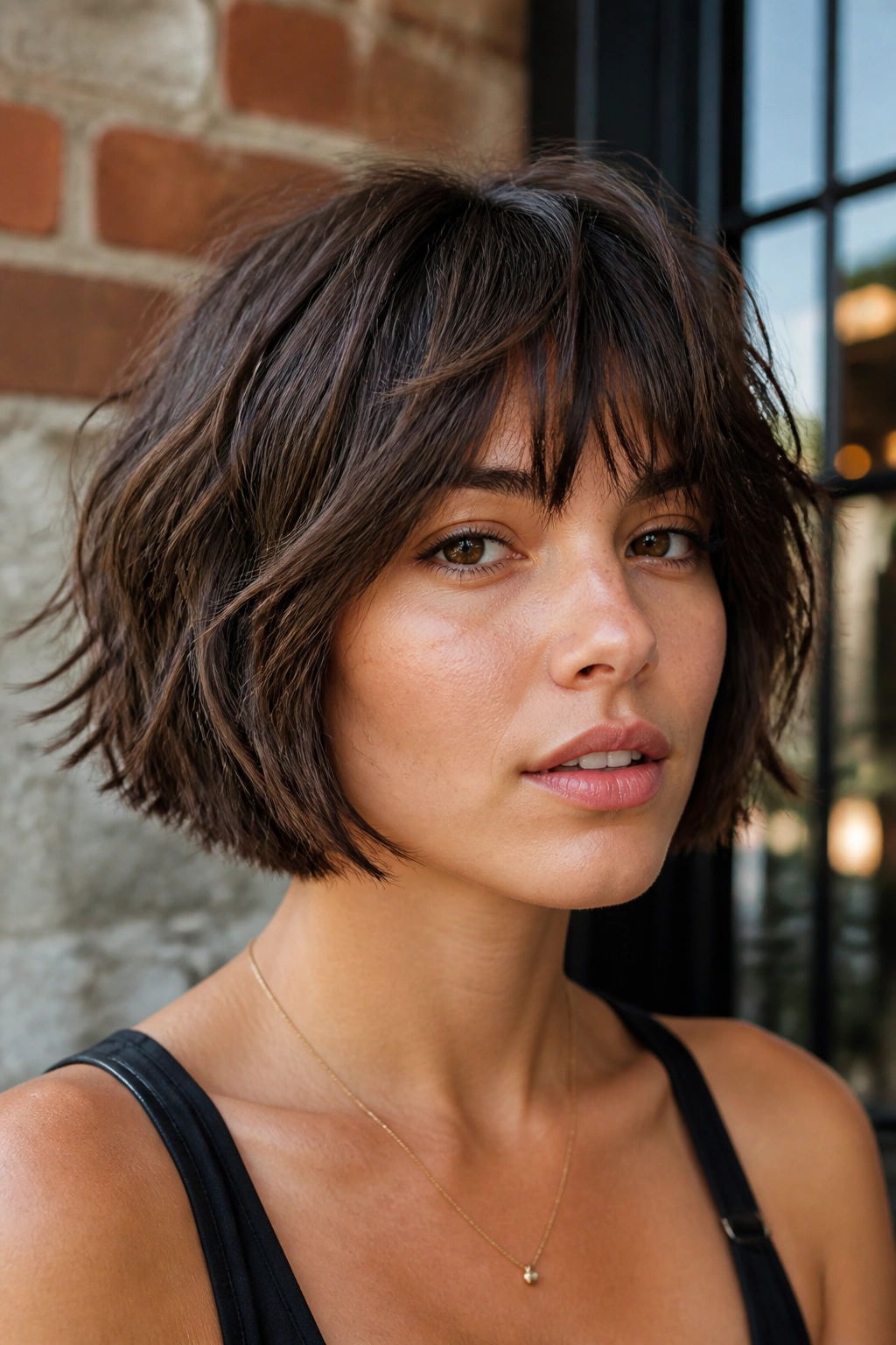Close-up portrait of a real woman with Shaggy Chin-Length Bob With Heavy Texture