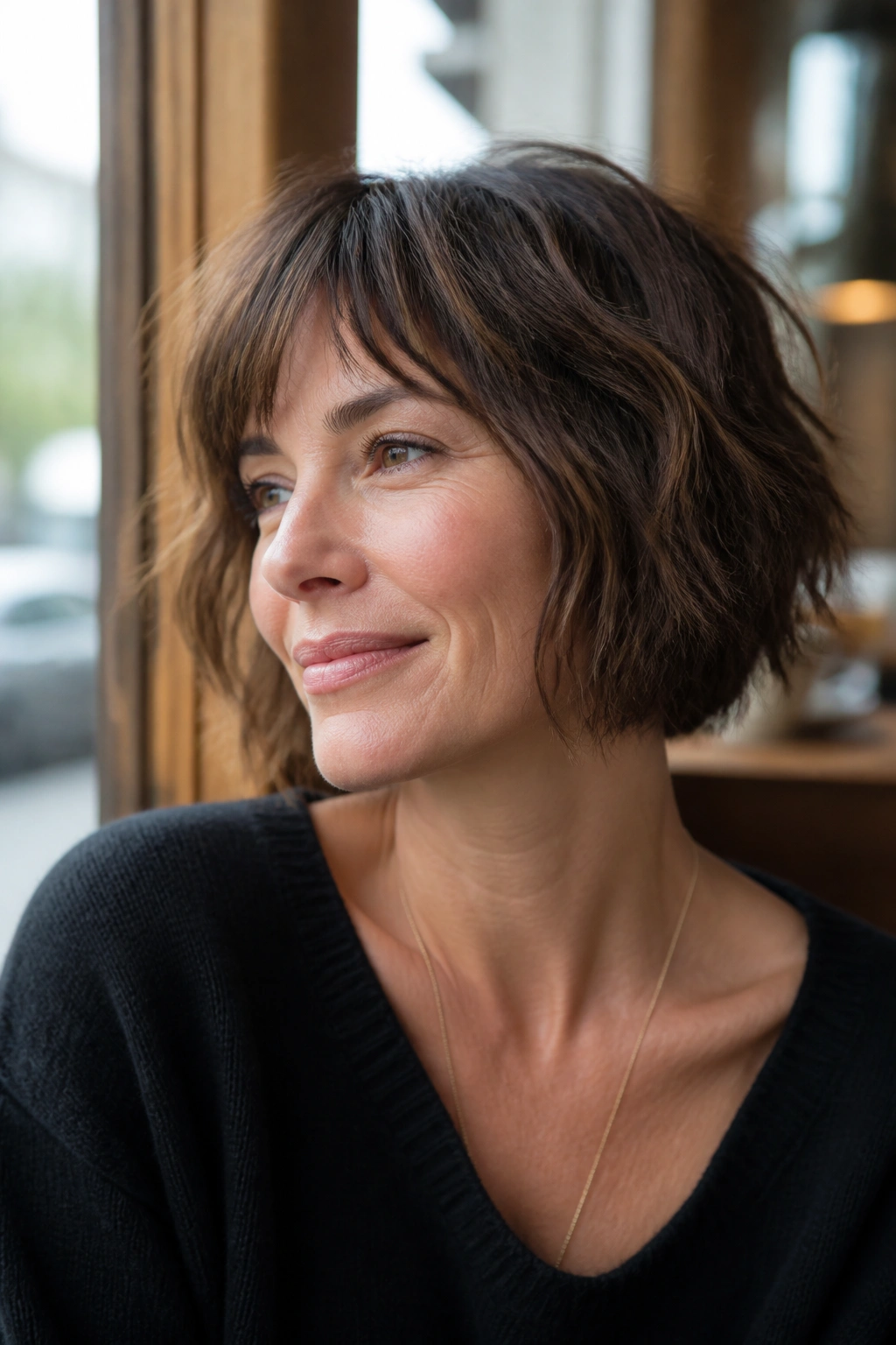 Close-up of a woman with a shaggy chin-length cut in a cafe setting.