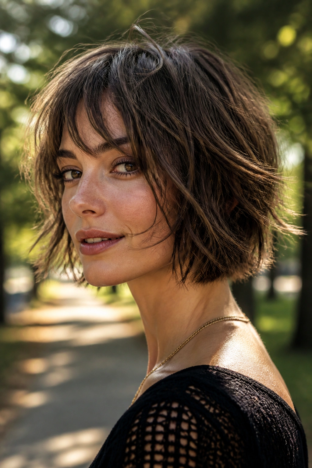 Portrait of a real person with a shaggy choppy bob and wispy fringe
