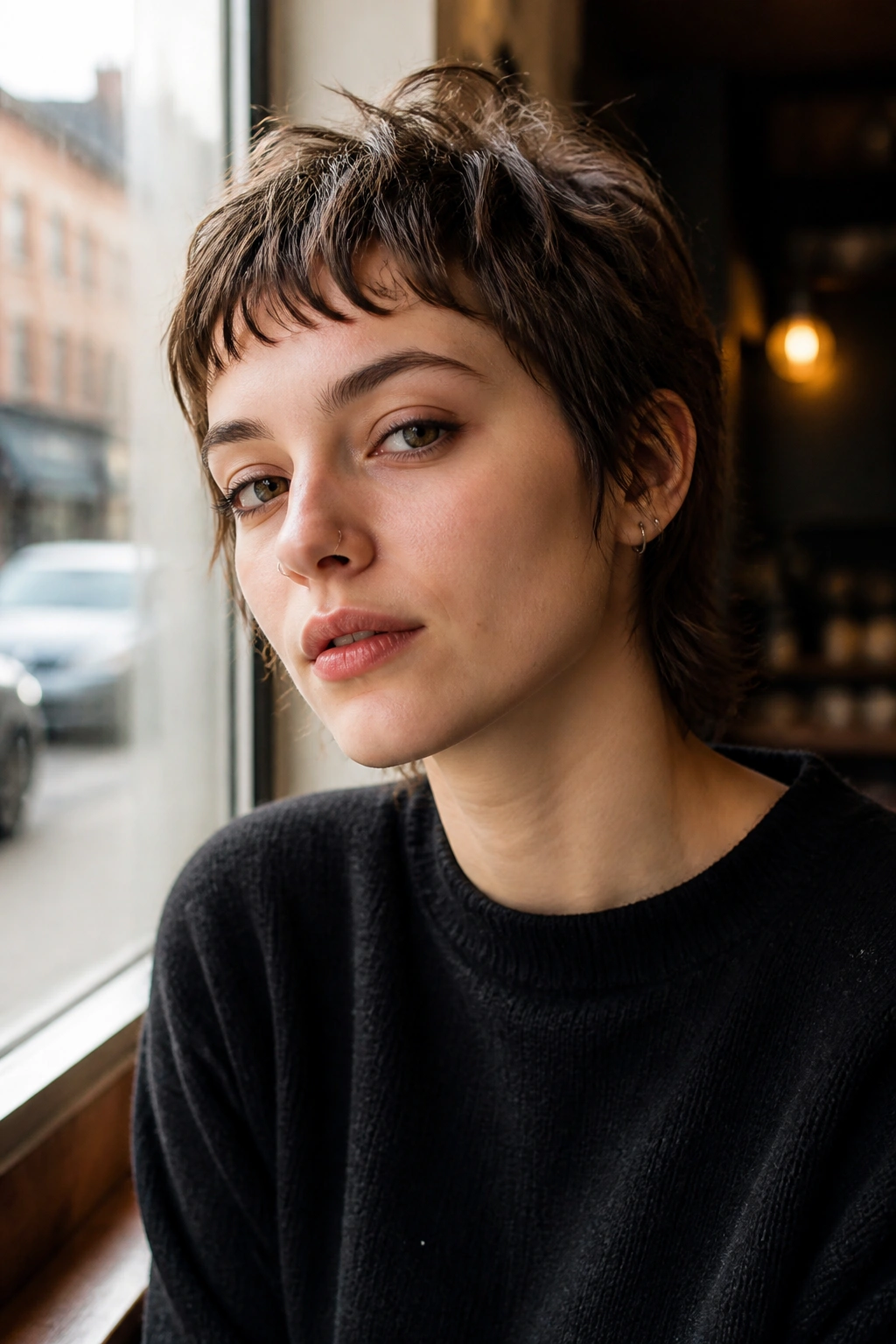 Close-up of a real woman with shaggy crop and baby bangs in natural cafe light