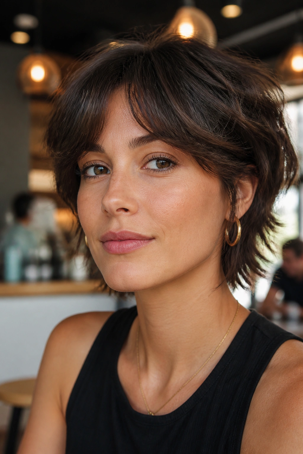 Close-up of a woman with shaggy crop and curtain bangs in a stylish setting