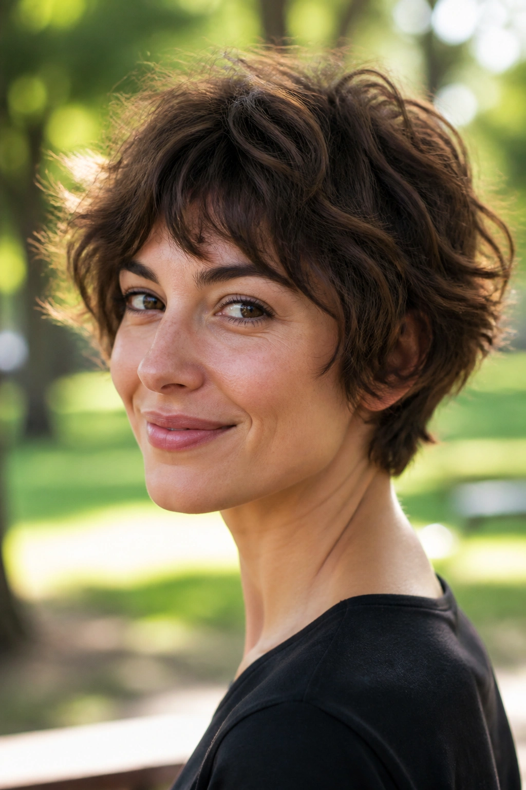 Close-up of a real woman with a shaggy crop wearing natural waves in sunlight