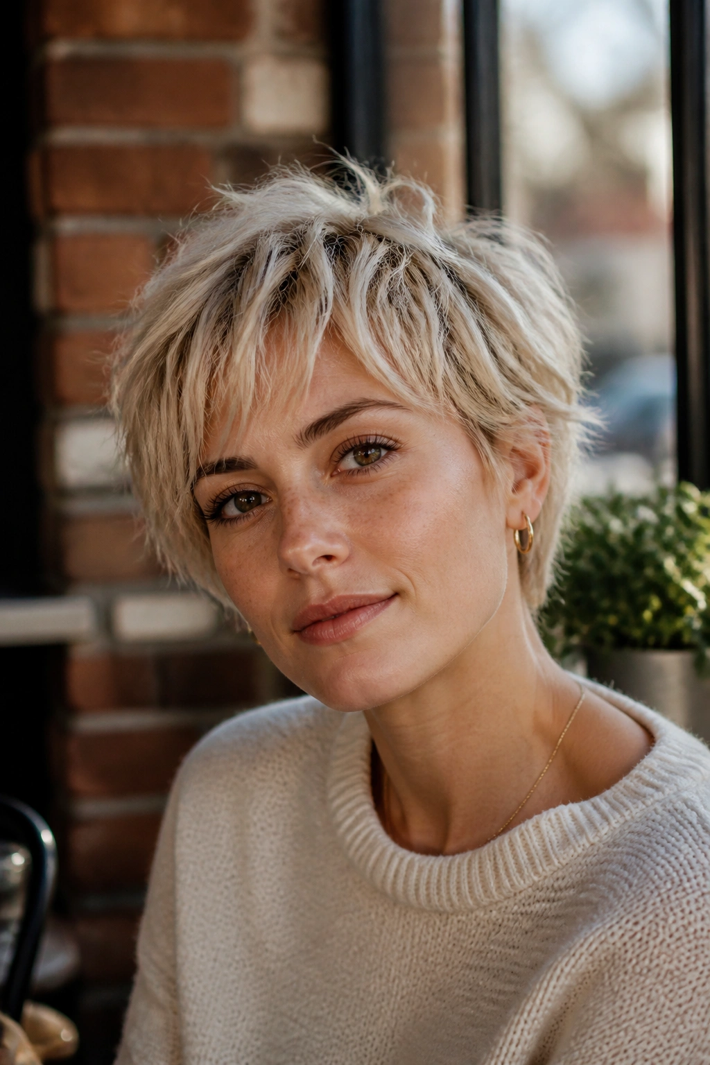 Portrait of a real person with a shaggy crop and choppy pieces.