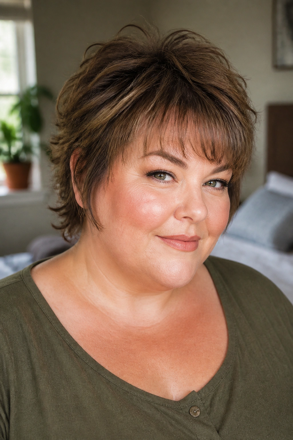 Close-up portrait of a real woman with a shaggy crop and wispy bangs
