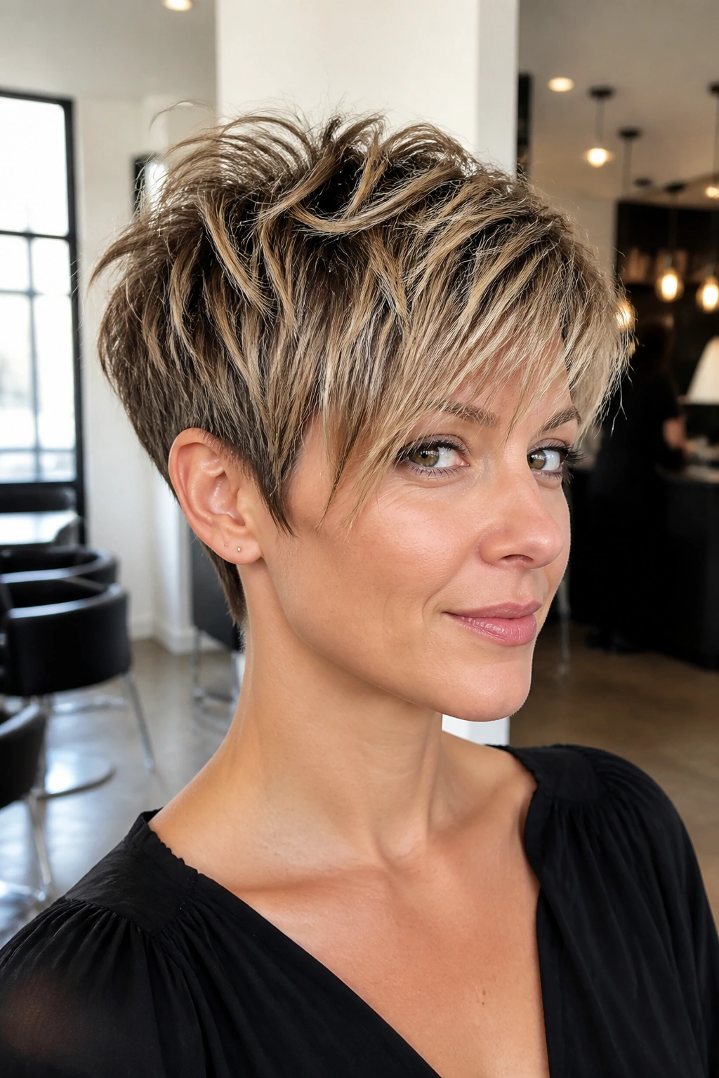 Close-up of a real woman with a shaggy crown pixie and lifted crown hairstyle.