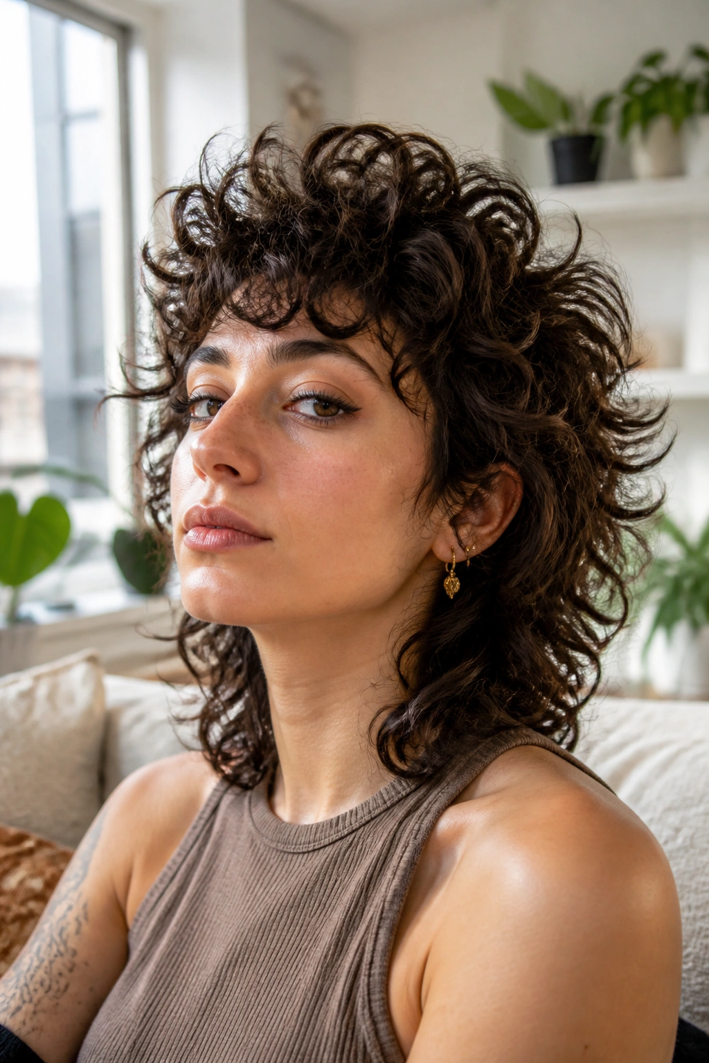 Portrait of a real woman with a shaggy crown wolf cut showing lifted crown and halo curls.