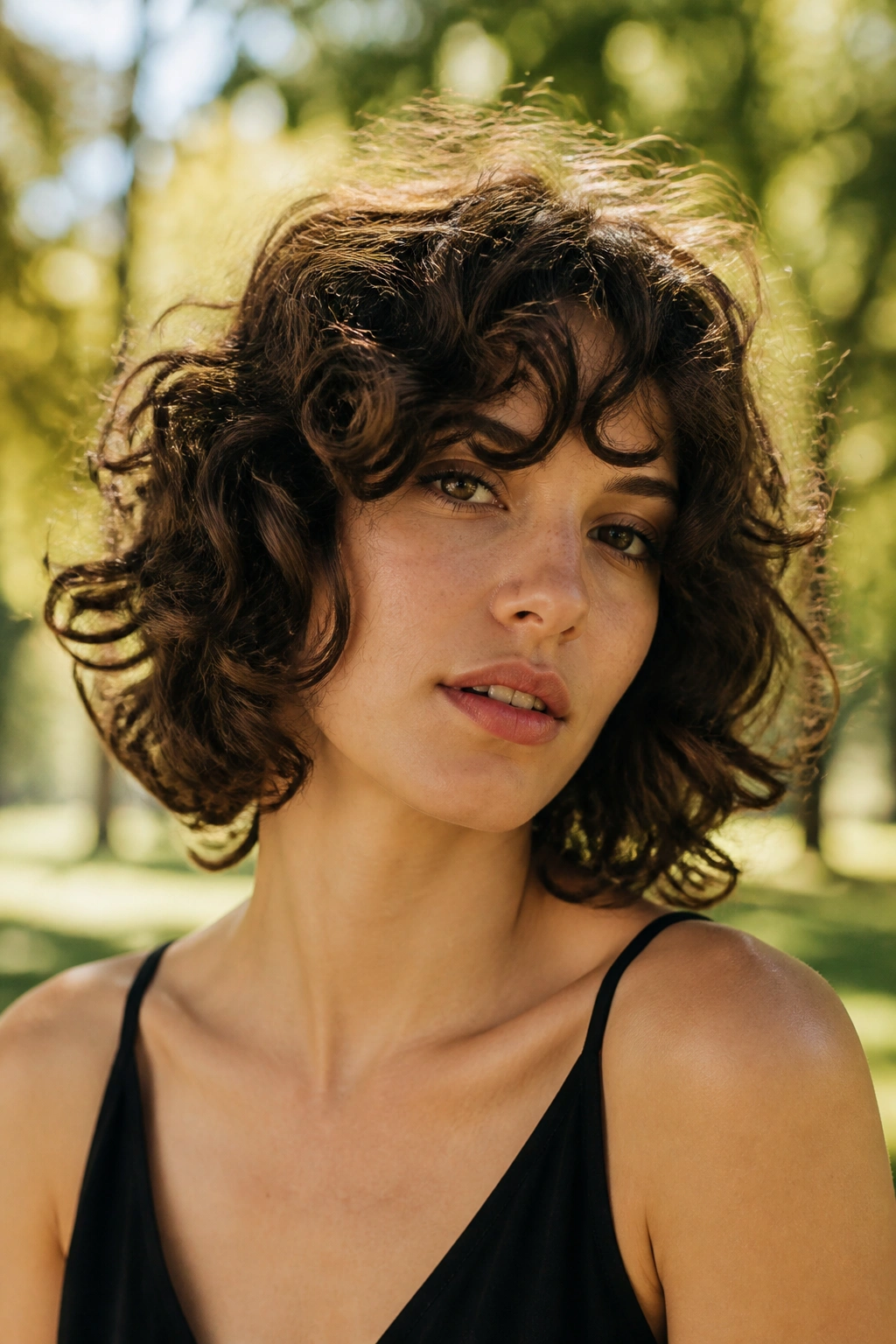 Close-up portrait of a woman with shaggy curly bob in a park setting.