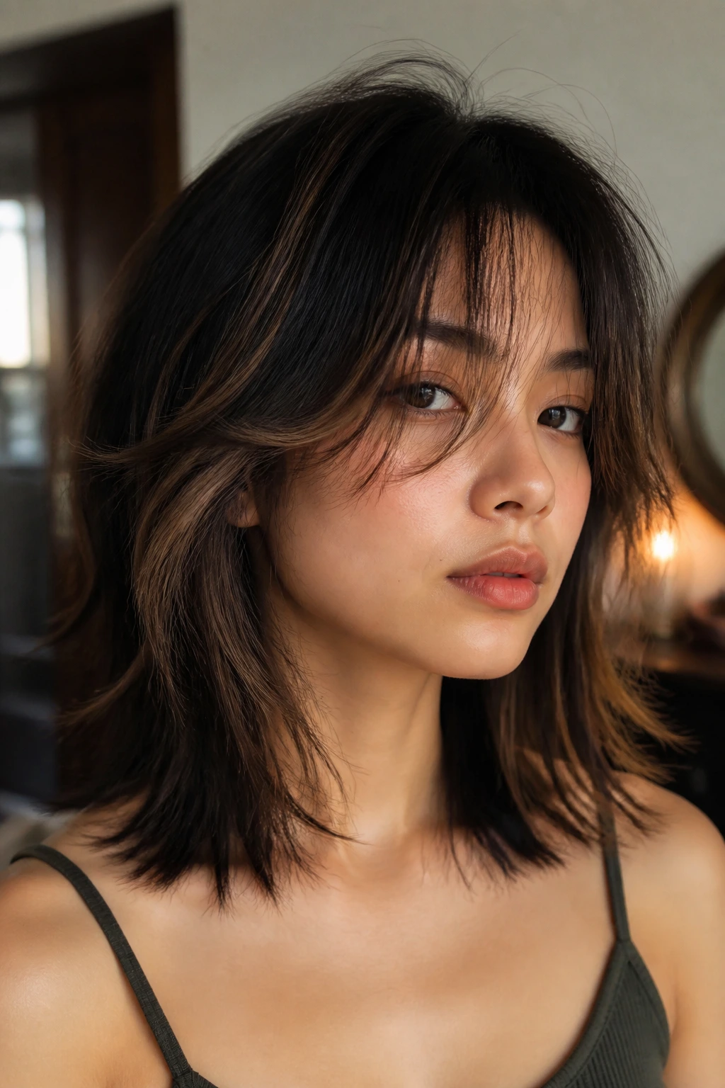 Close-up of shaggy medium cut with coffee-tone panels