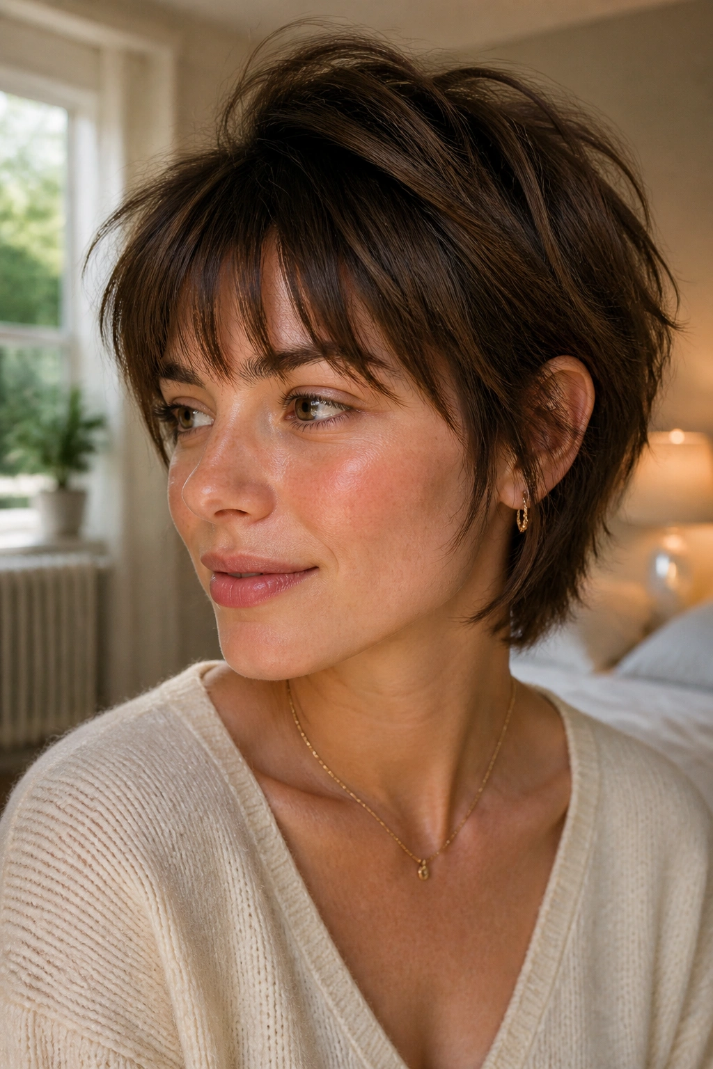 Close-up of a woman with a shaggy mini cut and wispy bangs in natural window light