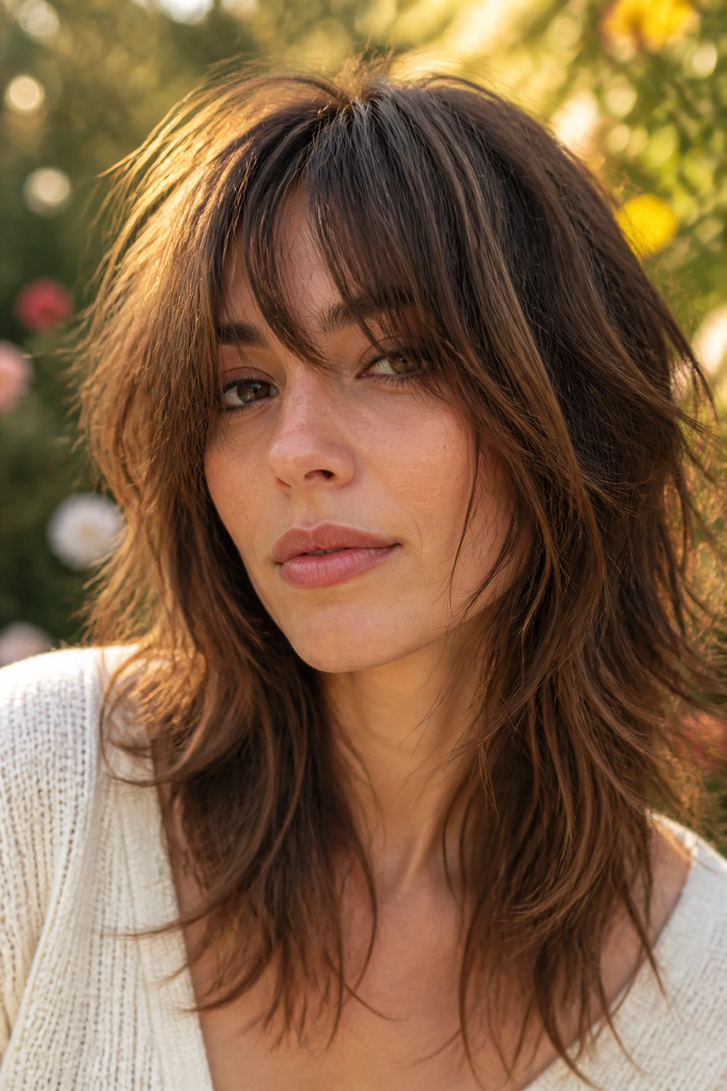 Real woman with shaggy face framing layers and soft fringe.