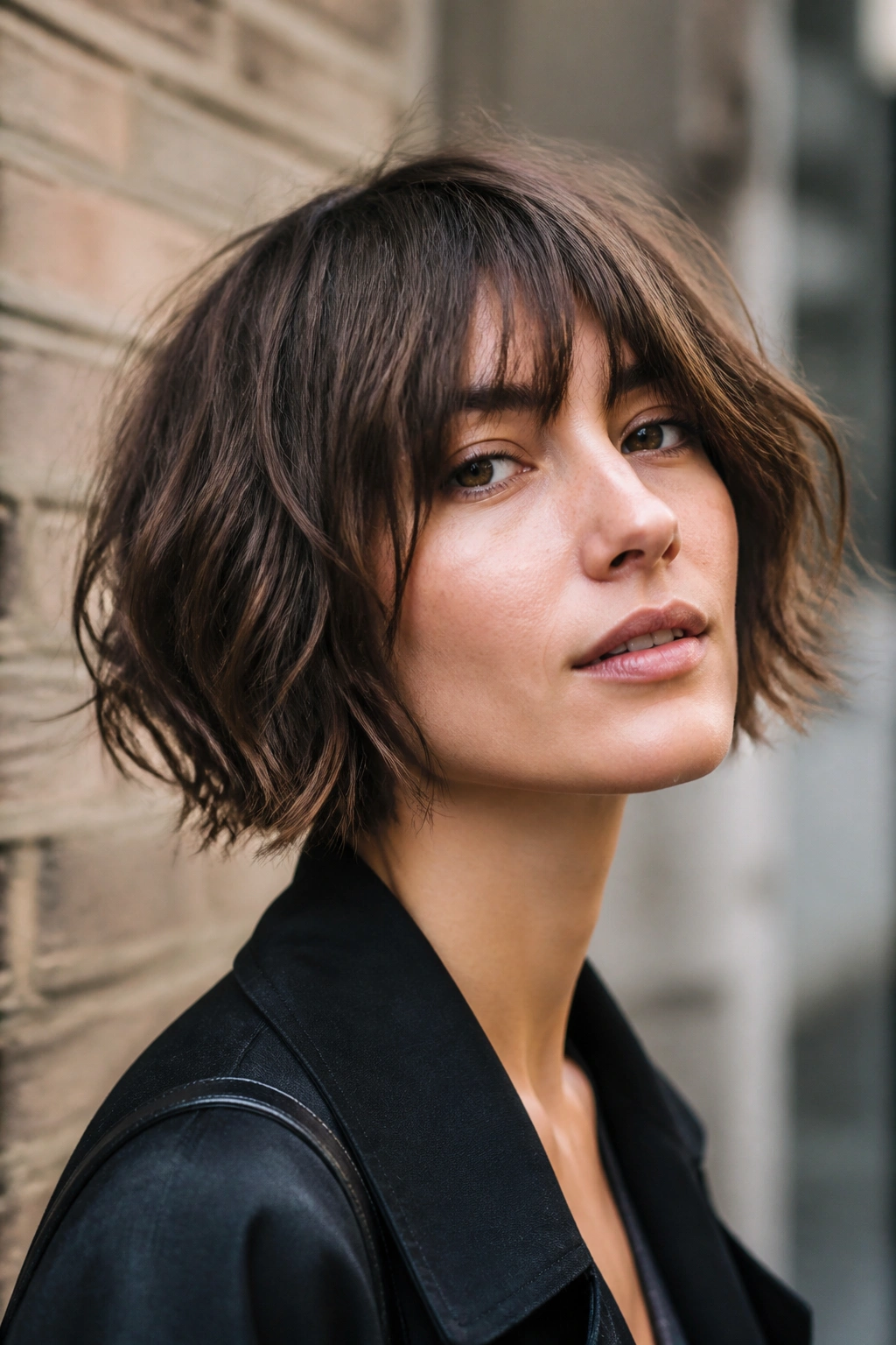 Portrait of a woman with shaggy French bob and choppy ends on city street