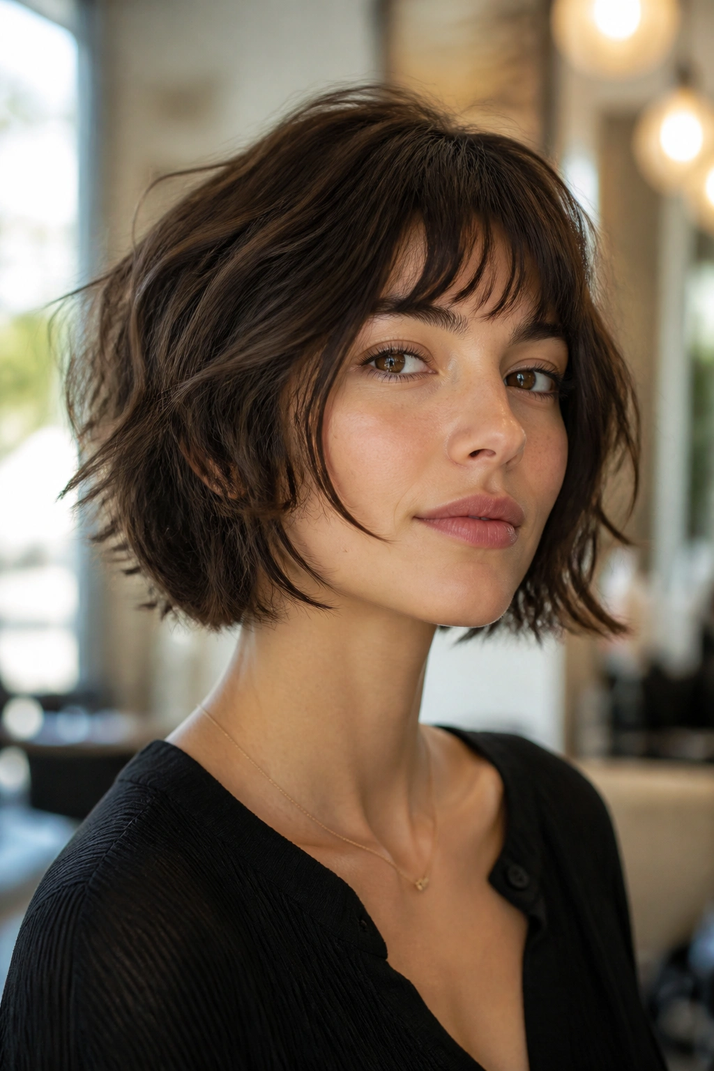 Close-up of a real woman with a chin-length shaggy French bob in warm salon light