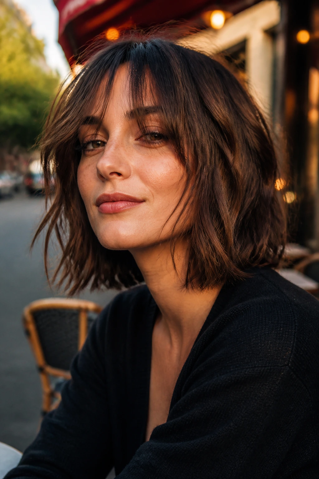 Portrait of a woman with shaggy French bob and long layers outdoors in golden hour light