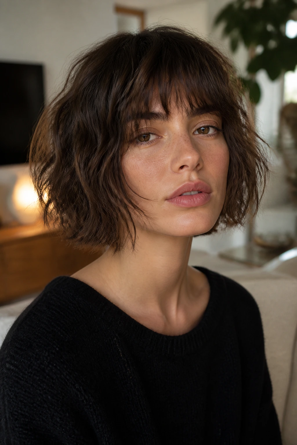 Close-up of a real woman with shaggy French bob and piecey bangs in a trendy living room