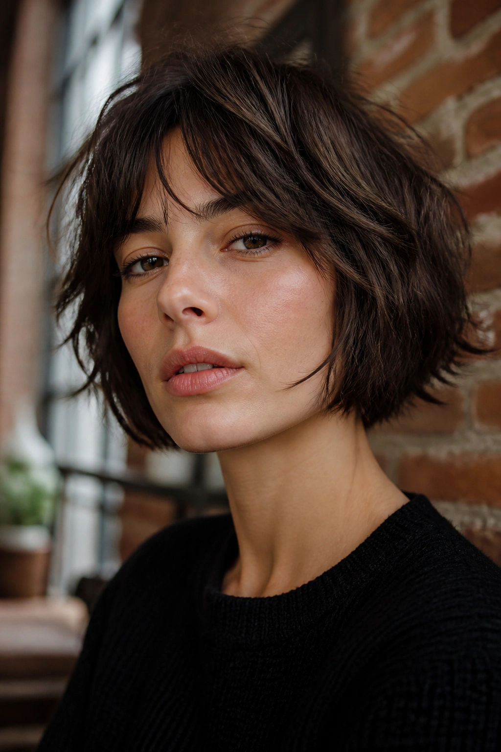 Close-up shaggy French bob on a real woman in an urban loft.