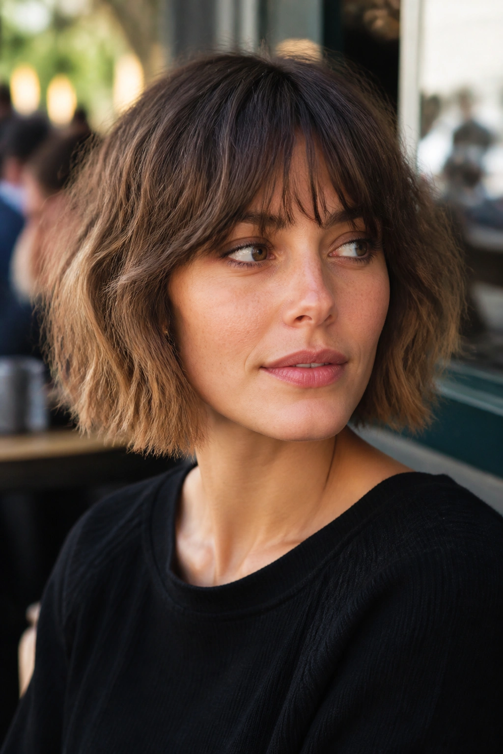 Real woman with shaggy French bob in natural outdoor light