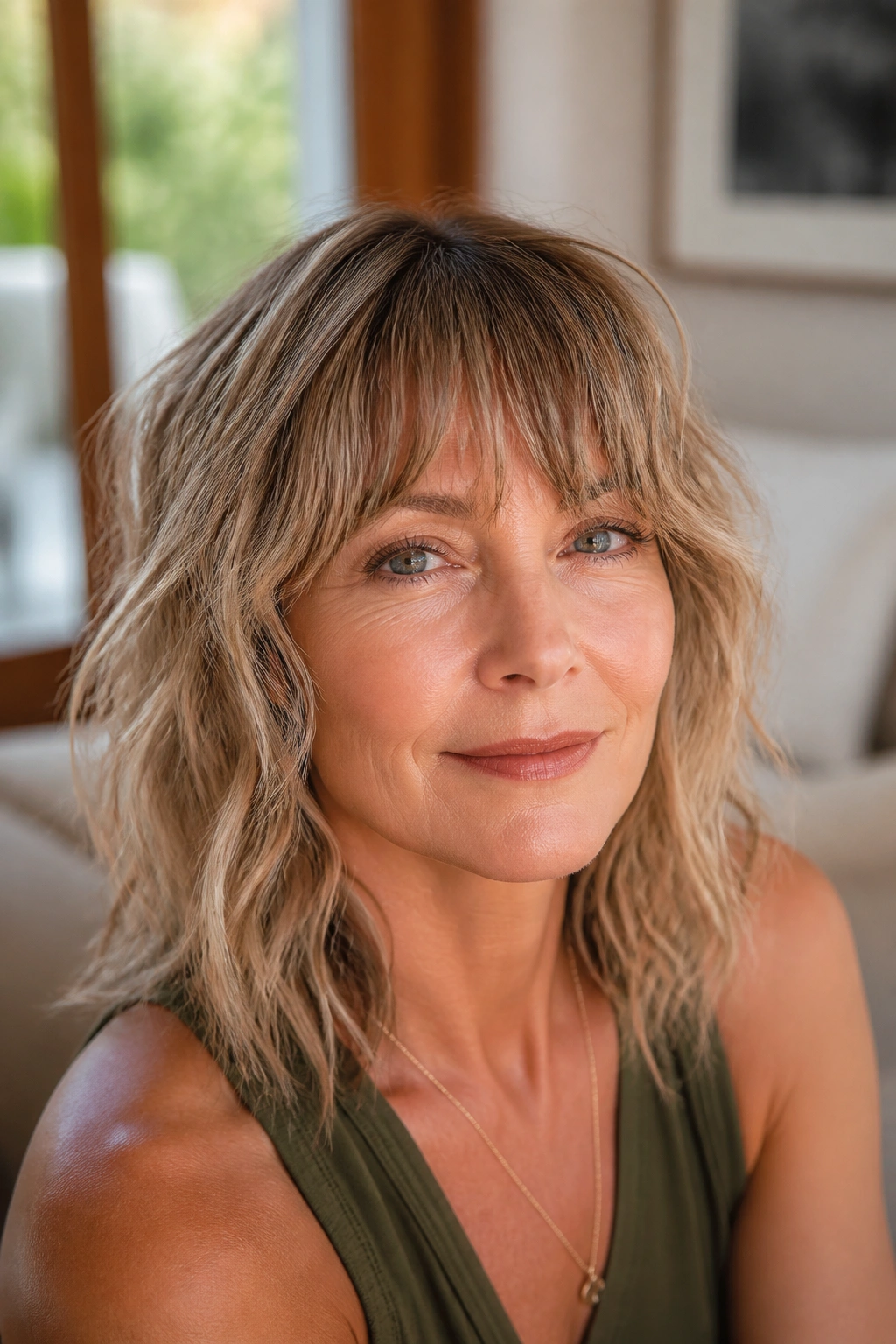 Real woman with a loose, shaggy fringe and natural movement in soft light