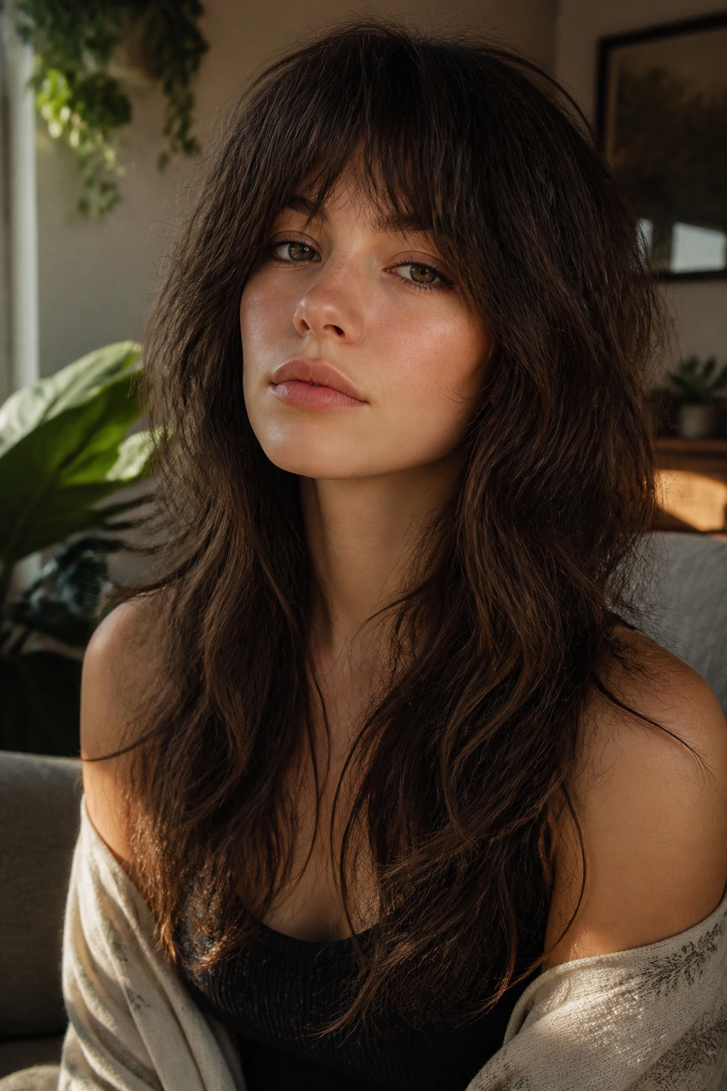 Close-up of a real woman with shaggy fringe in long wolf cut.