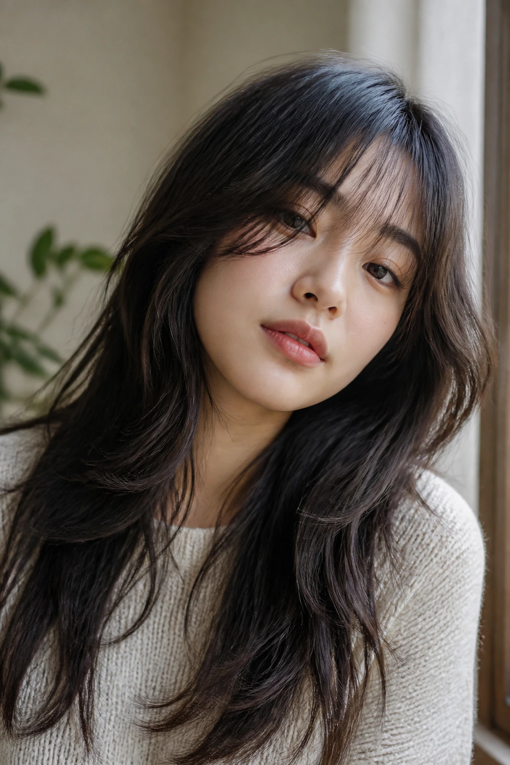 Close-up of a real woman with shaggy long layers and airy fringe