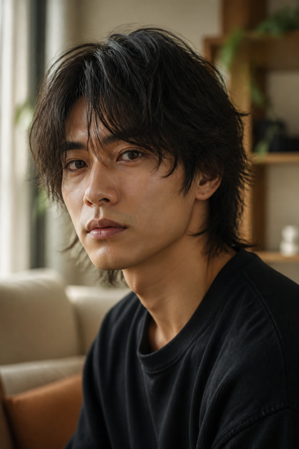 Close-up portrait of a real man with shaggy layered feathered ends in medium-long hair
