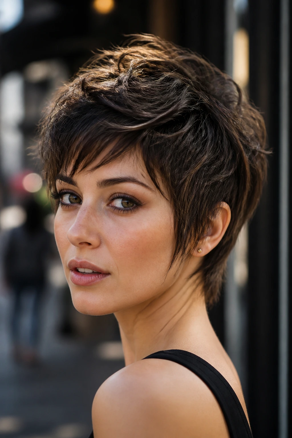 Close-up of a real woman with shaggy long pixie and razored ends