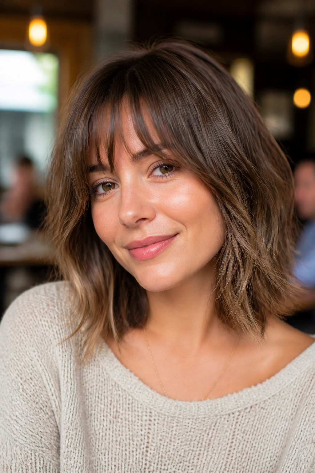 Real woman with shaggy lob and bottleneck bangs in cafe lighting
