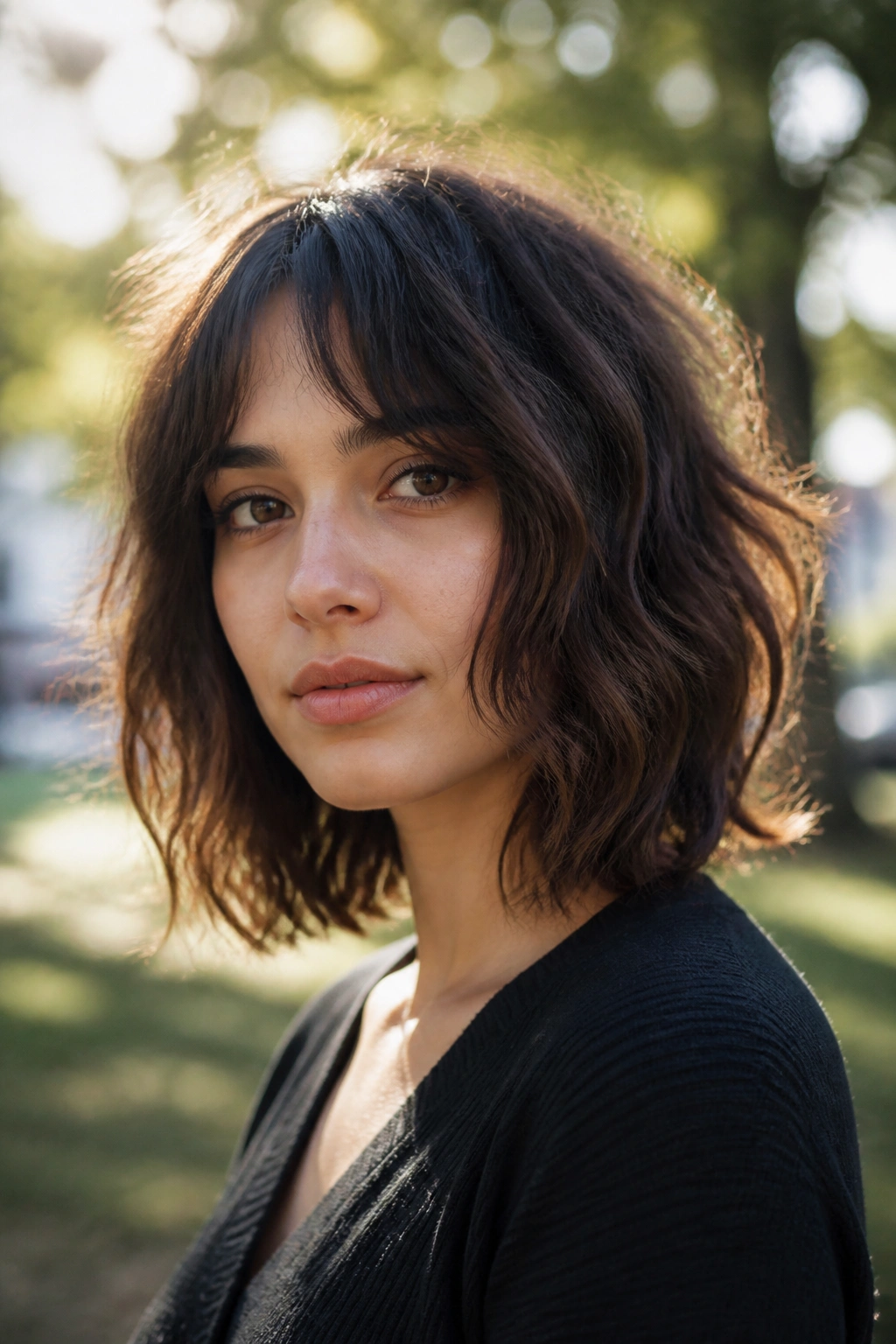 Close-up portrait of a real person with shoulder-length shaggy lob hairstyle