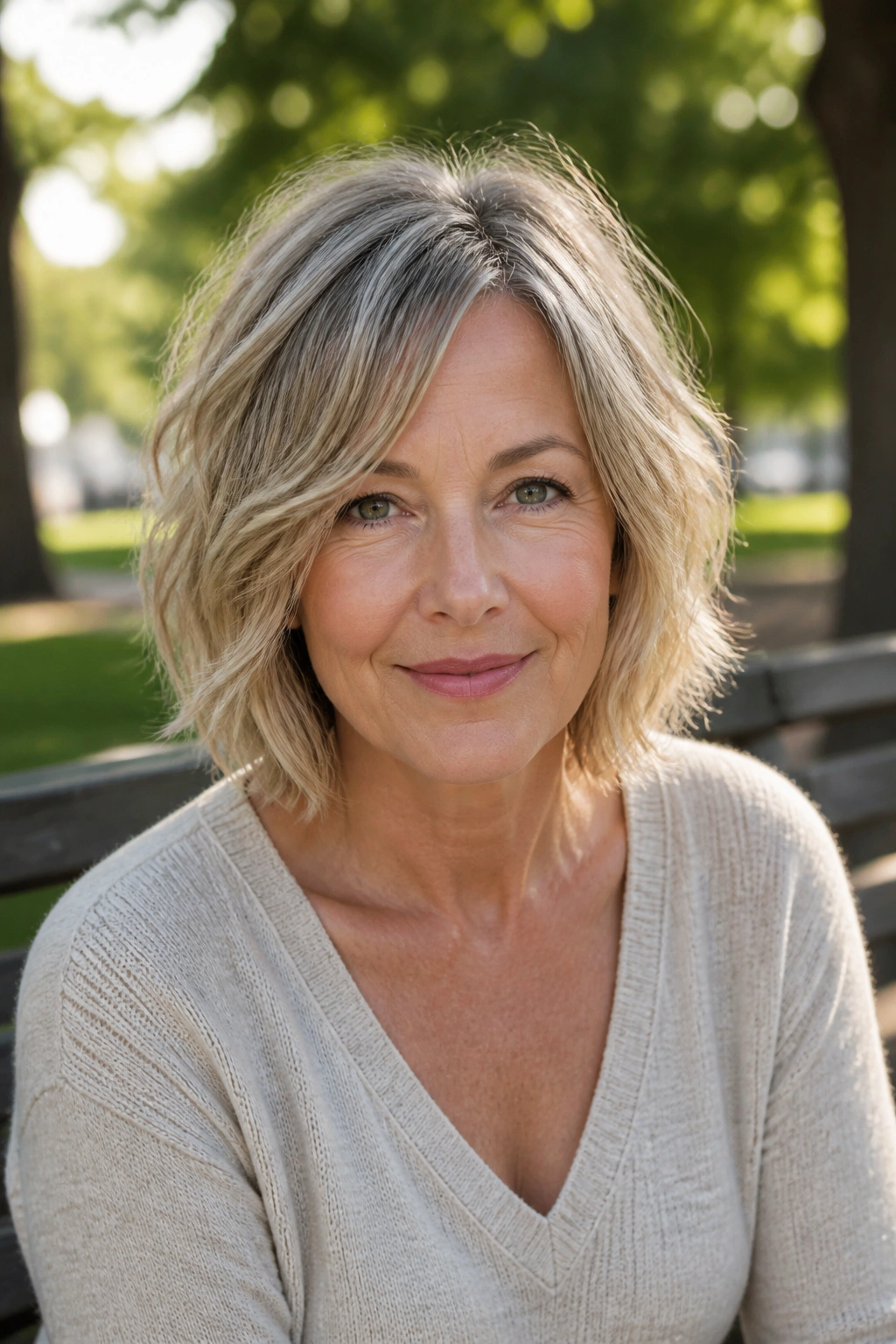Woman with a textured shaggy lob hairstyle in natural light.