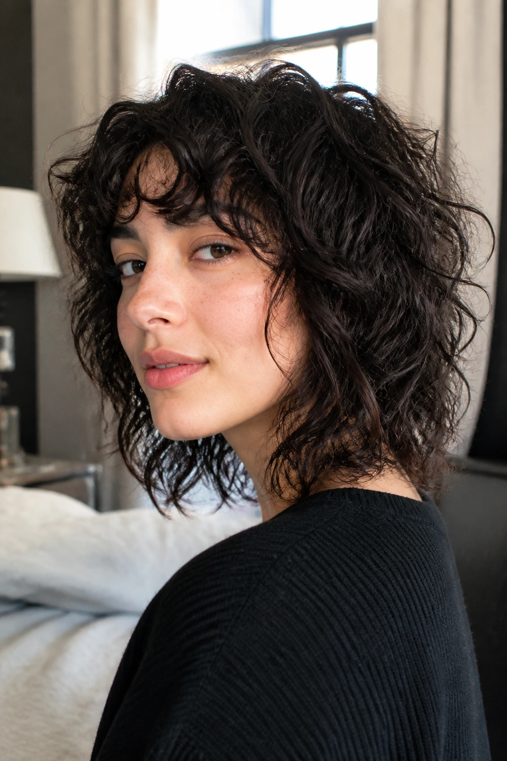 Close-up portrait of a woman with a shaggy lob wolf cut, curly collarbone-length hair under natural window light