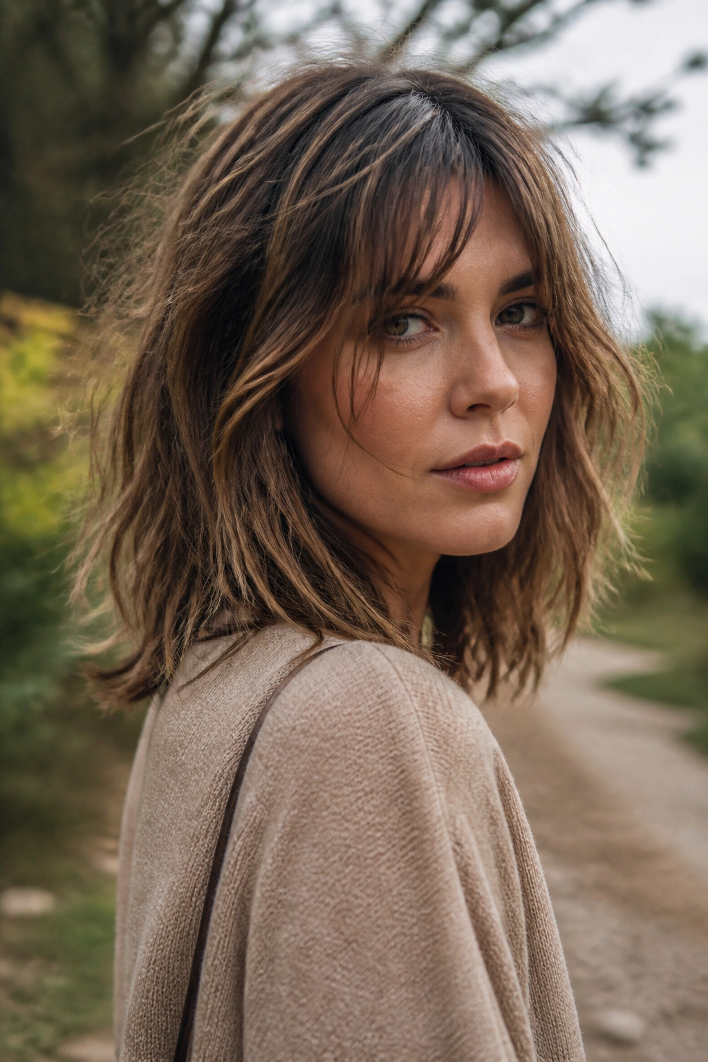 Close-up of a real woman with shaggy long bob and curtain bangs on a windy outdoor path
