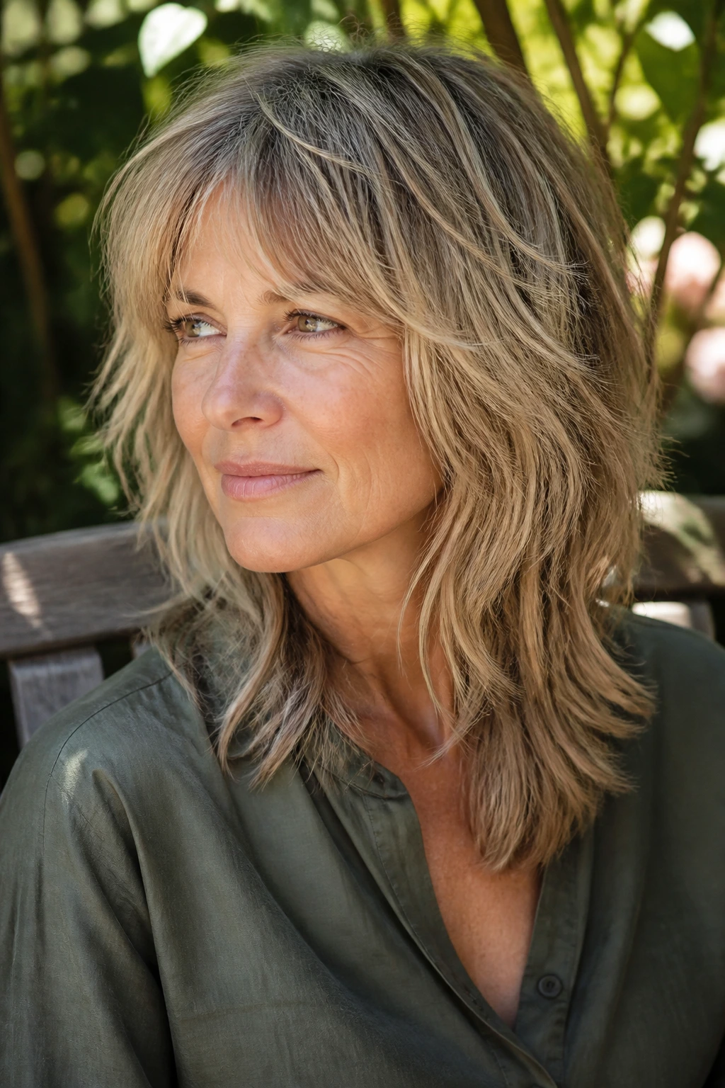 Close-up of a real woman with shaggy medium cut and soft texture