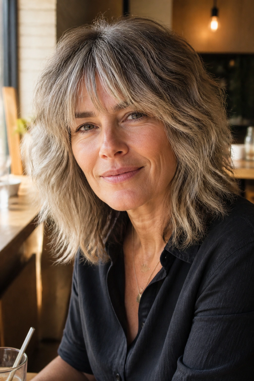 Portrait of a real woman with shaggy mid-length hair and soft waves in a sunlit cafe setting.