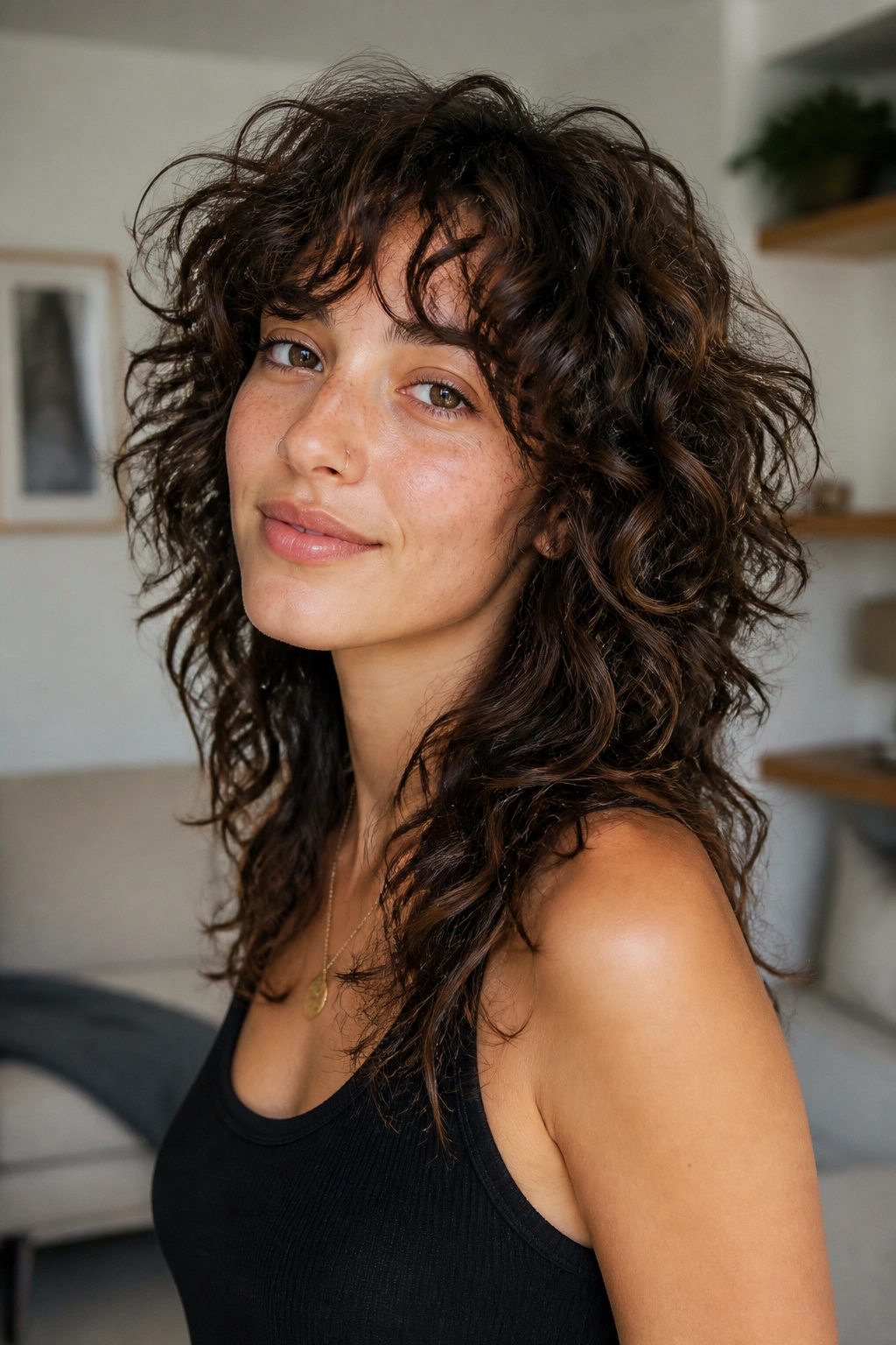 Close-up of a real person with a shaggy mixie featuring feathered layers on curly hair.