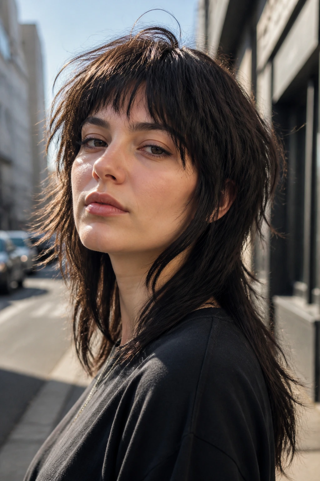 Close-up of a real person with shaggy mullet bangs and longer back on an urban street