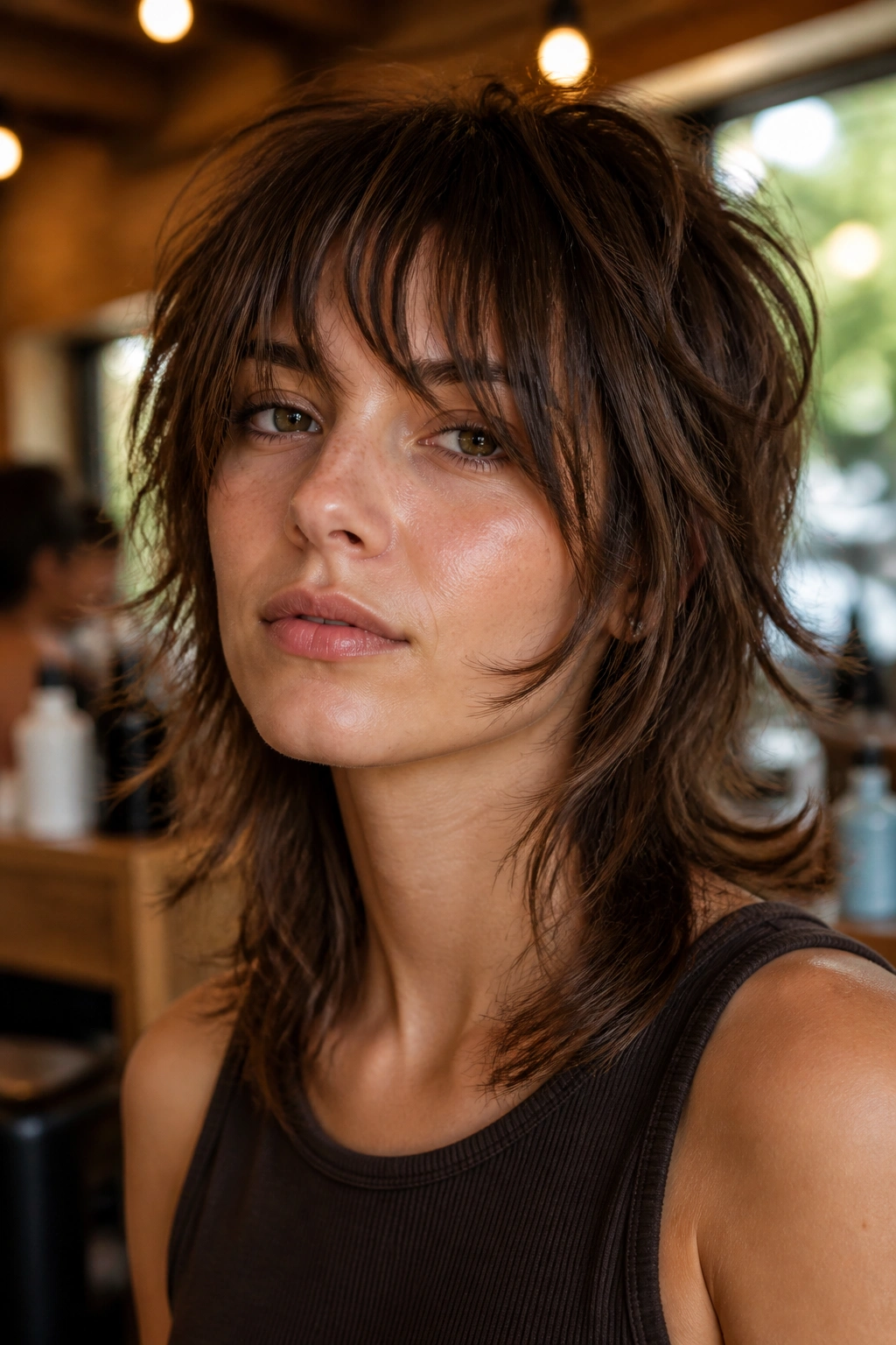 Close-up portrait of a real person with bottleneck bangs and shaggy mullet