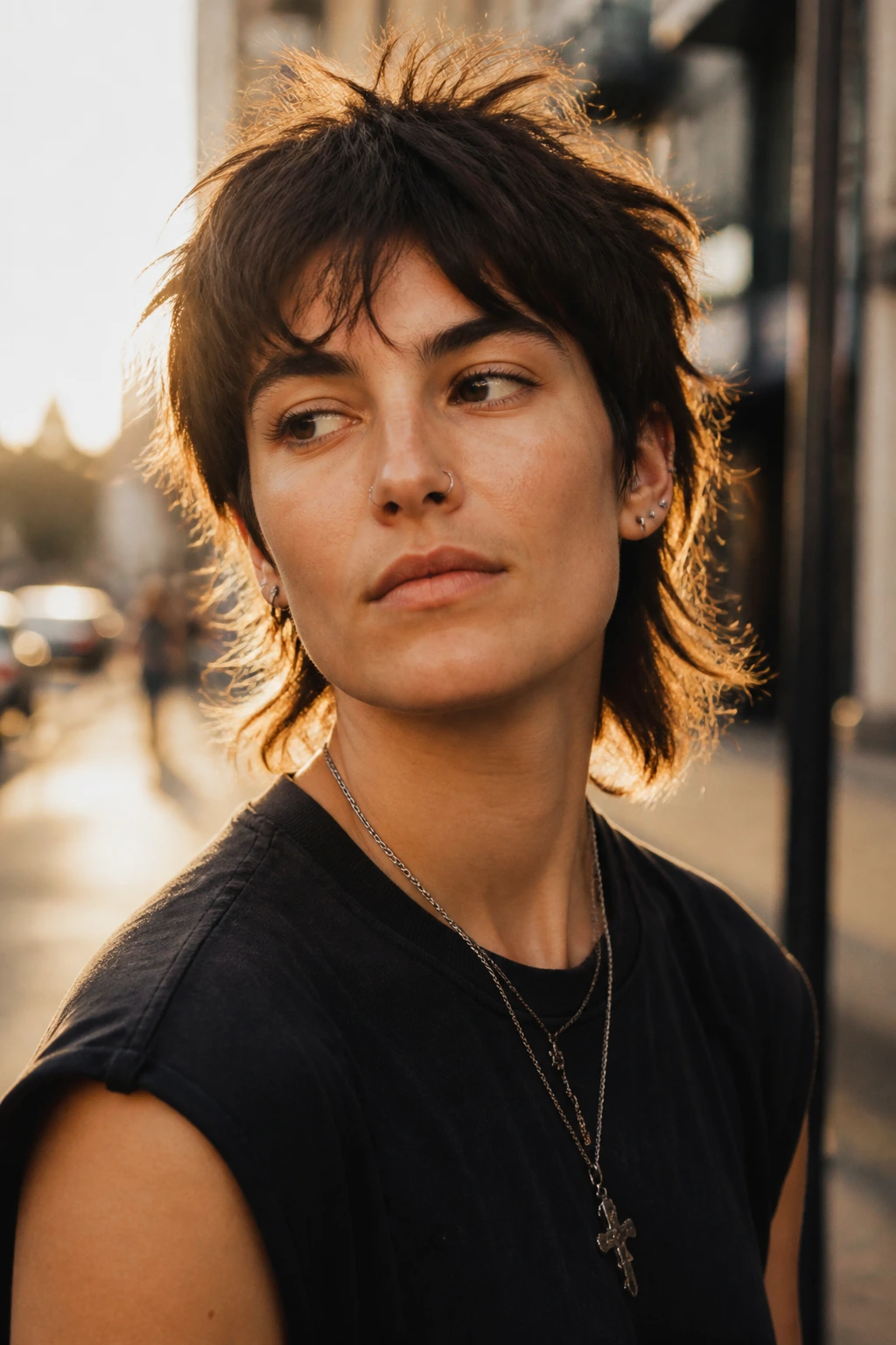 Portrait of a real person with a shaggy mullet in golden hour light