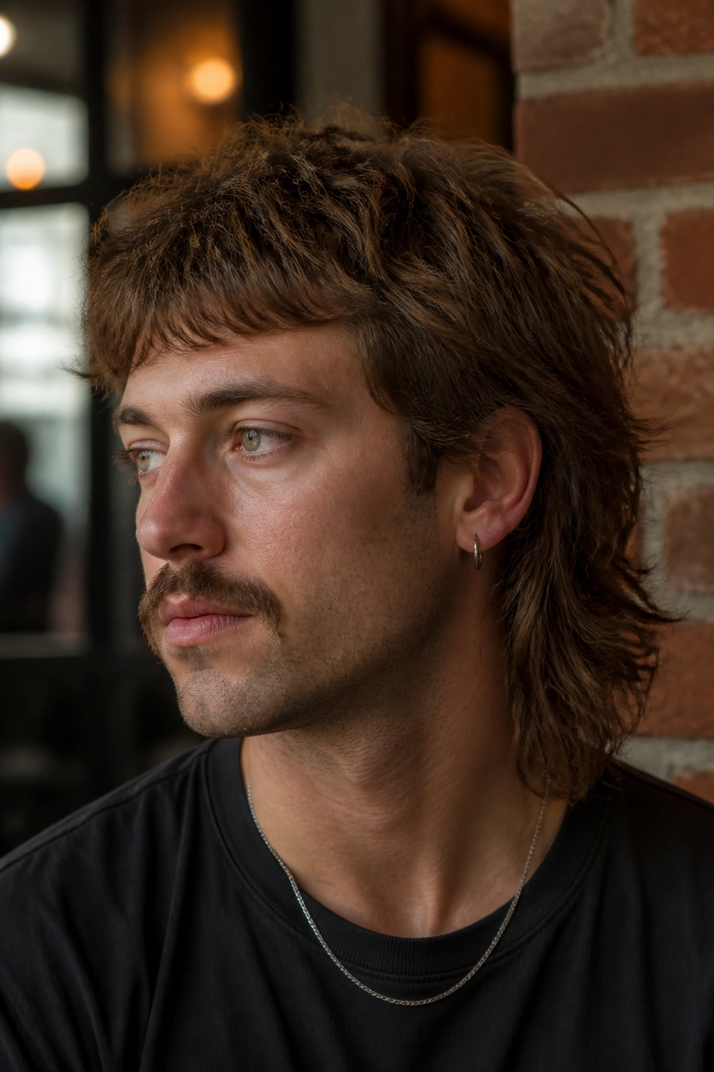 Close-up portrait of a man with a classic shaggy mullet and textured top
