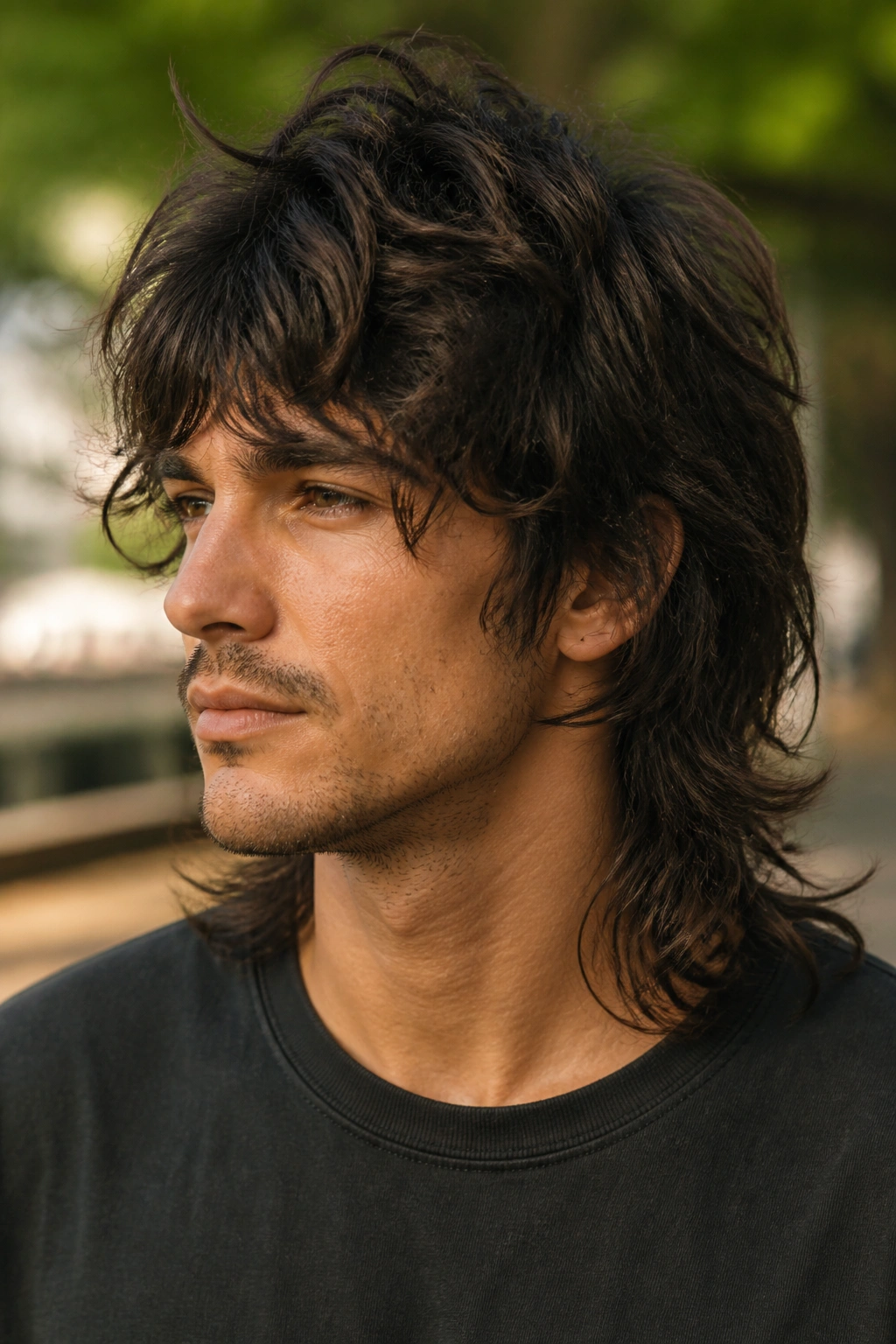 Close-up of a man with shaggy long mullet and heavy layers.