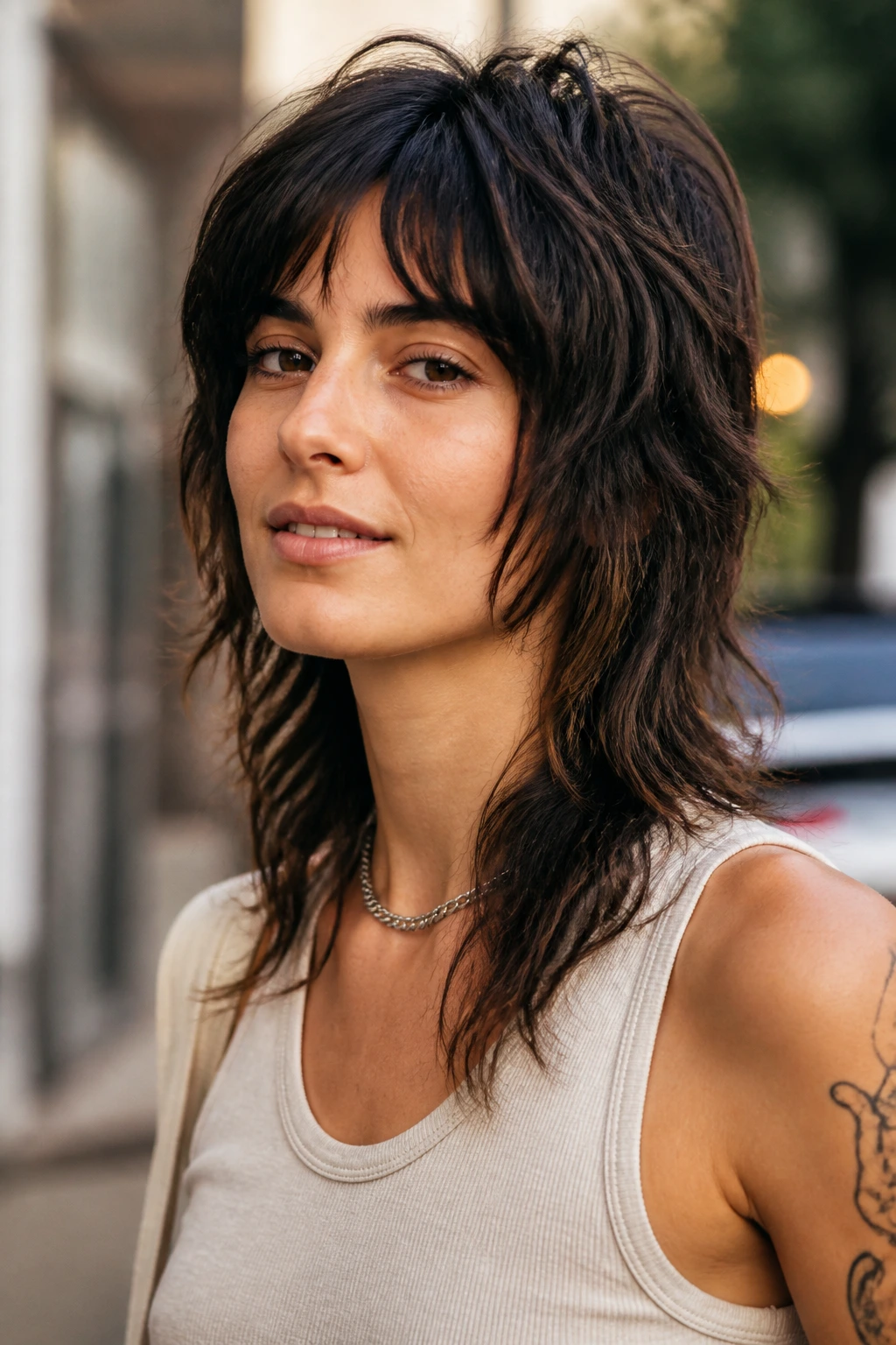 Portrait of a real person with a soft shaggy mullet and front layers.