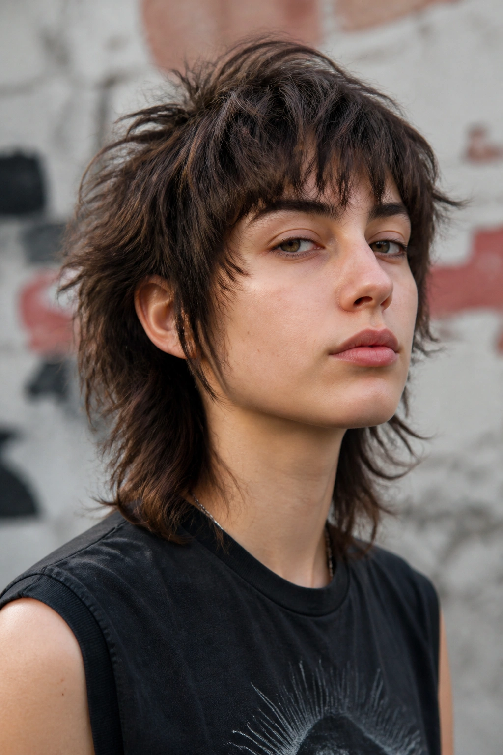 Close-up of a real person with a shaggy mullet wolf cut in natural light