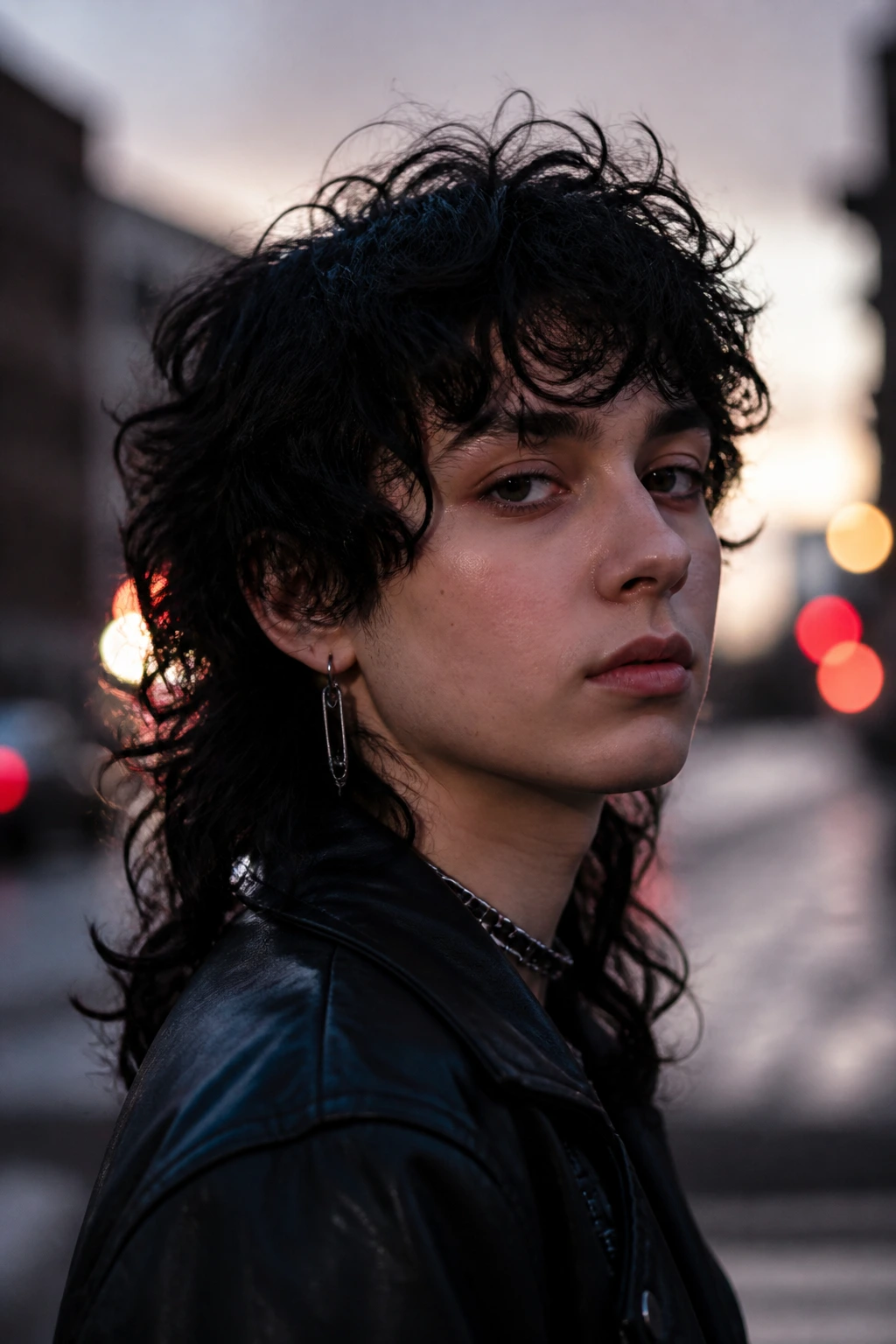 Real person with shaggy mullet emo wolf cut in an urban dusk setting
