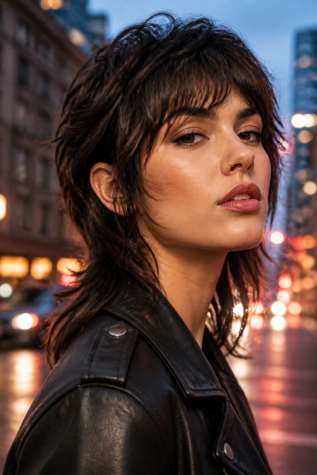 Portrait of a real woman with shaggy mullet wolf cut in a city dusk setting.
